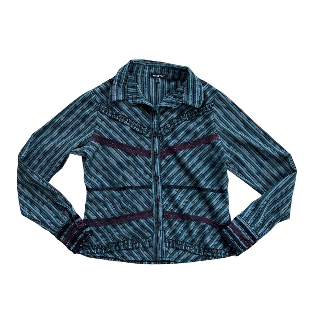 Vtg Y2K Teal Striped Lace Trim Button Down Shirt Office Siren 8 grunge preppy